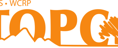 Logo of GCOS and WCRP TOPC featuring orange text with silhouette images of mountains and a tree.