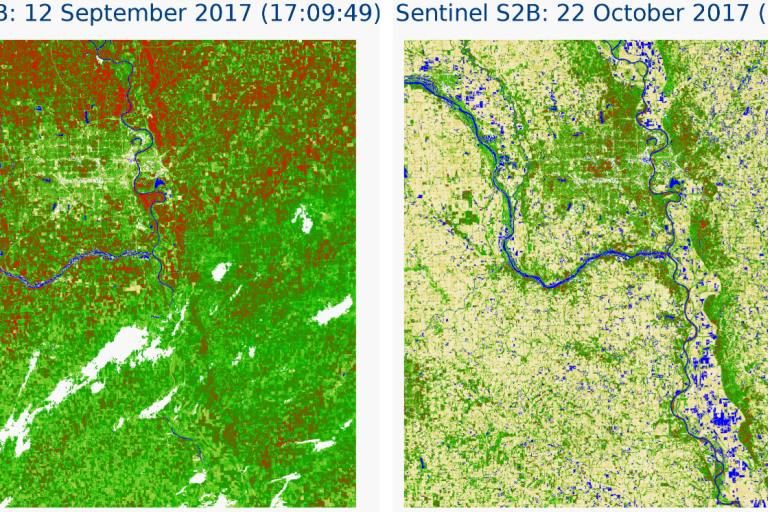 Two satellite images showing vegetation changes near a river: left image from September 2017 with dense greenery; right image from October 2017 with less greenery.