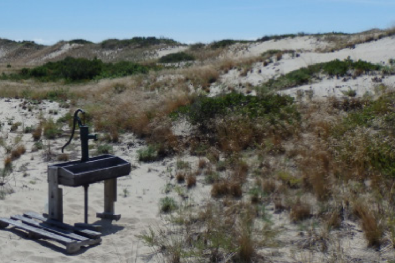 A metal water pump stands on sandy terrain with sparse vegetation. The left side features a banner promoting the Global Climate Observing System's groundwater factsheet.