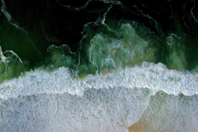 An overhead view of ocean waves with a climate factsheet overlay titled "Ocean Colour Essential Climate Variable (ECV)." Various global organization logos are displayed.