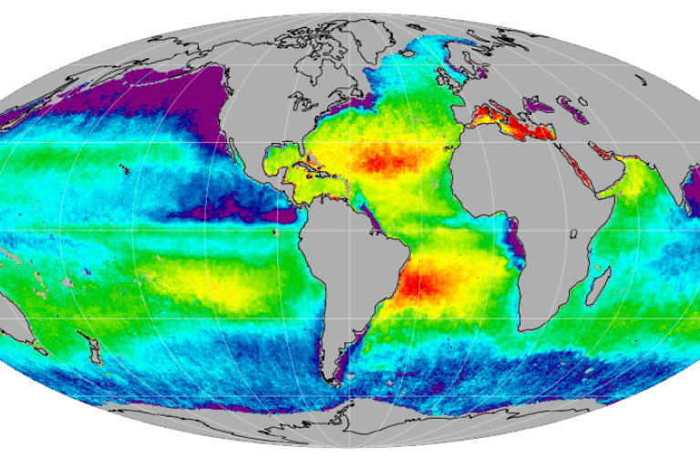 Map showing ocean temperature variations with colors indicating different temperature levels across global oceans.