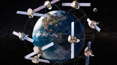 Illustration of Earth surrounded by seven satellites with solar panels, connected by lines, set against a space background with stars and a distant view of the Moon.