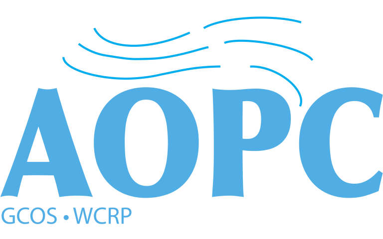 AOPC logo with lowercase text "GCOS" and "WCRP" underneath. Blue swirls are above the letters.