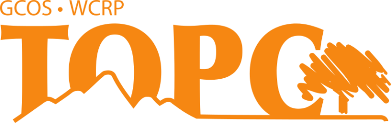 Logo of GCOS and WCRP TOPC featuring orange text with silhouette images of mountains and a tree.