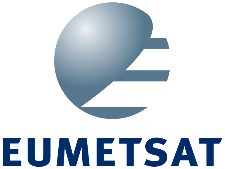 EUMETSAT logo featuring a stylized globe with three horizontal stripes, above the word "EUMETSAT" in blue capital letters.