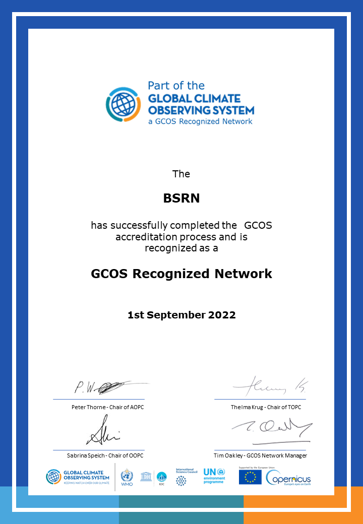 Certificate for BSRN recognizing completion of the GCOS accreditation process, with signatures and logos from relevant organizations, dated 1st September 2022.