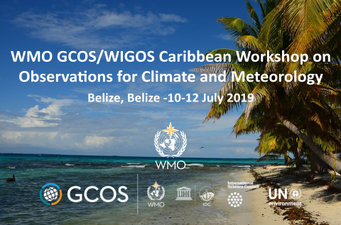 Tropical beach scene with logos and text about the WMO GCOS/WIGOS Caribbean Workshop on Climate and Meteorology, held in Belize from July 10-12, 2019.