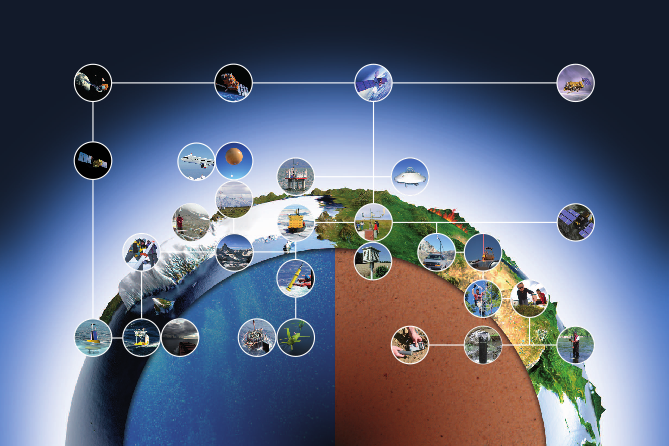 A globe with linked circular images showing various scenes of technology and industry, split into a blue and brown hemisphere.