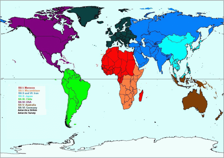 World map with regions color-coded by specific research agencies from various countries managing different areas.