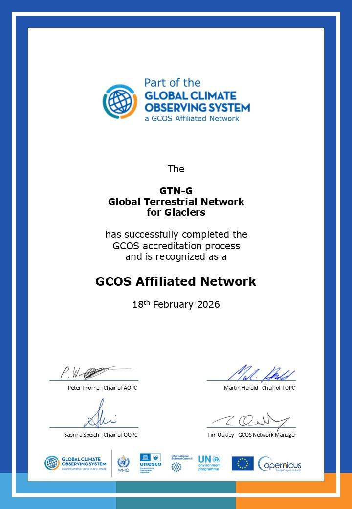 Certificate for the Global Terrestrial Network for Glaciers recognizing it as a GCOS Affiliated Network, dated 18 February 2026, with official logos and signatures.