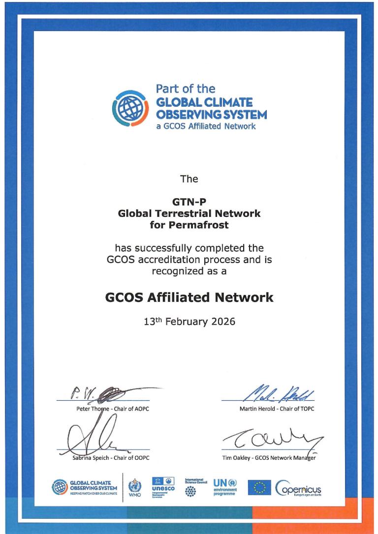 Certificate recognizing the GTN-P Global Terrestrial Network for Permafrost as a GCOS Affiliated Network, dated 13th February 2026, with official signatures and logos.